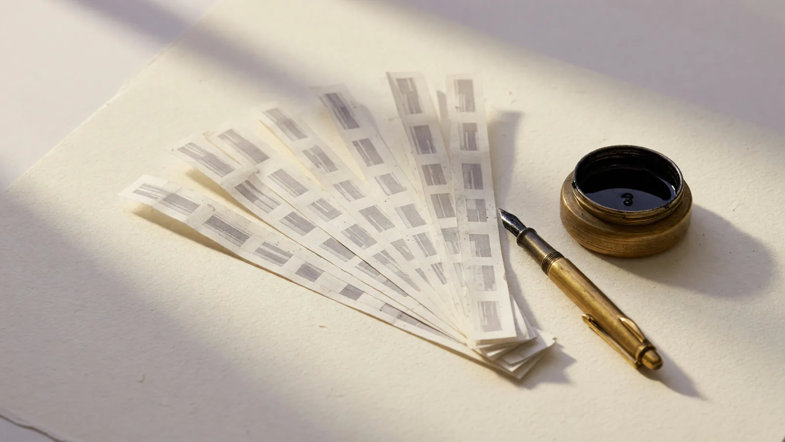 Free YouTube subtitle extractor: printed caption strips fanned out beside a gold pen and ink pot